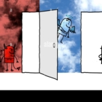hand-drawn-cartoon-woman-front-of-two-big-opened-doors-heaven-and-hell-2BG8G20