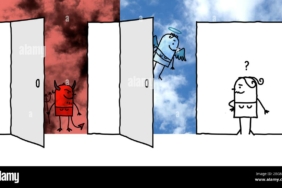 hand-drawn-cartoon-woman-front-of-two-big-opened-doors-heaven-and-hell-2BG8G20