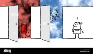 hand-drawn-cartoon-woman-front-of-two-big-opened-doors-heaven-and-hell-2BG8G20