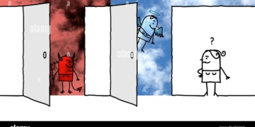 hand-drawn-cartoon-woman-front-of-two-big-opened-doors-heaven-and-hell-2BG8G20