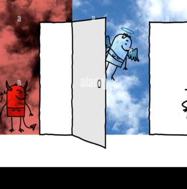 hand-drawn-cartoon-woman-front-of-two-big-opened-doors-heaven-and-hell-2BG8G20